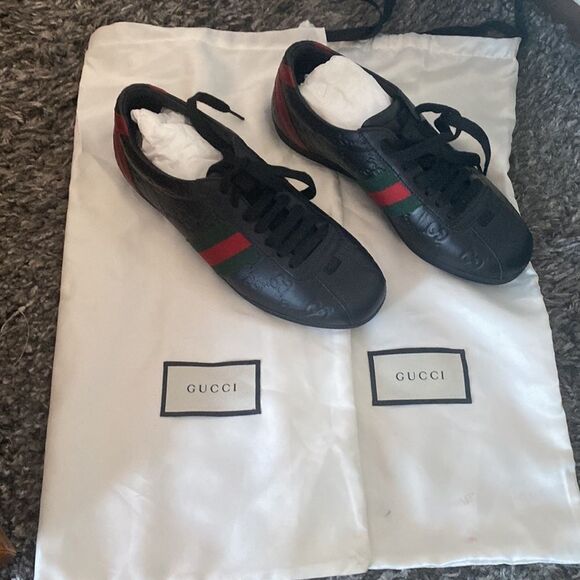 GUCCI Guccissima Black Leather, Web Ace Sneakers Low Top. Size 35 1/2. … - Picture 6 of 10